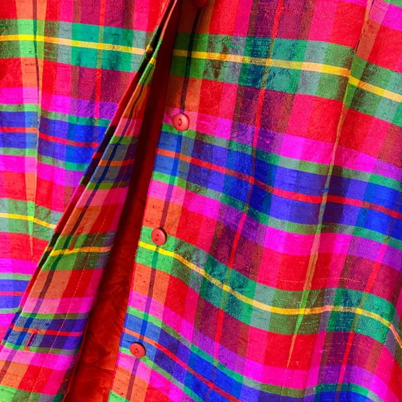 VINTAGE | 1980’s Maggy London Rainbow Plaid Retro 100% Silk Suit Blazer Jacket - Picture 7 of 12